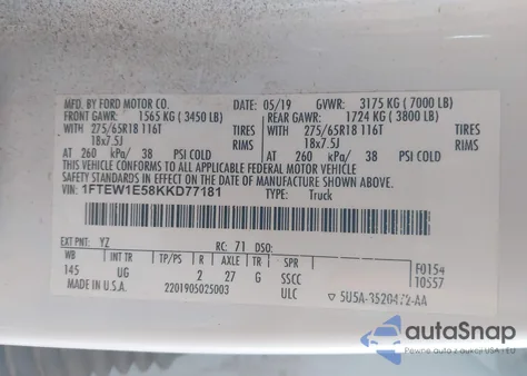 2019 Ford F-150 Xlt из США, поврежденный, VIN 1FTEW1E58KKD77181